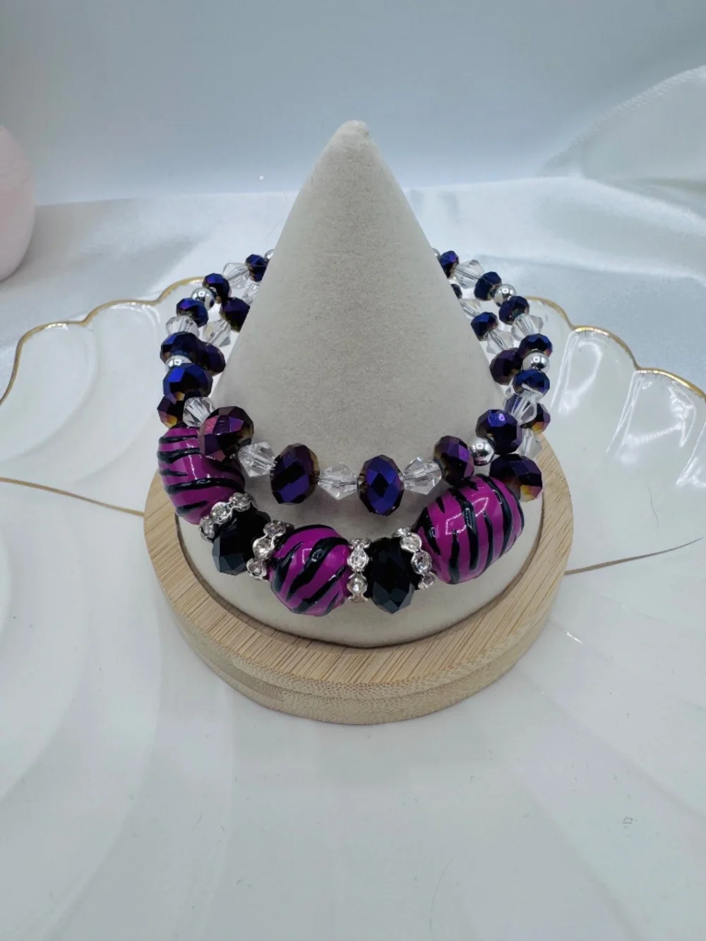 Pink Purple Zebra Print Beaded Bracelet Set Glam Sparkly Jewelry